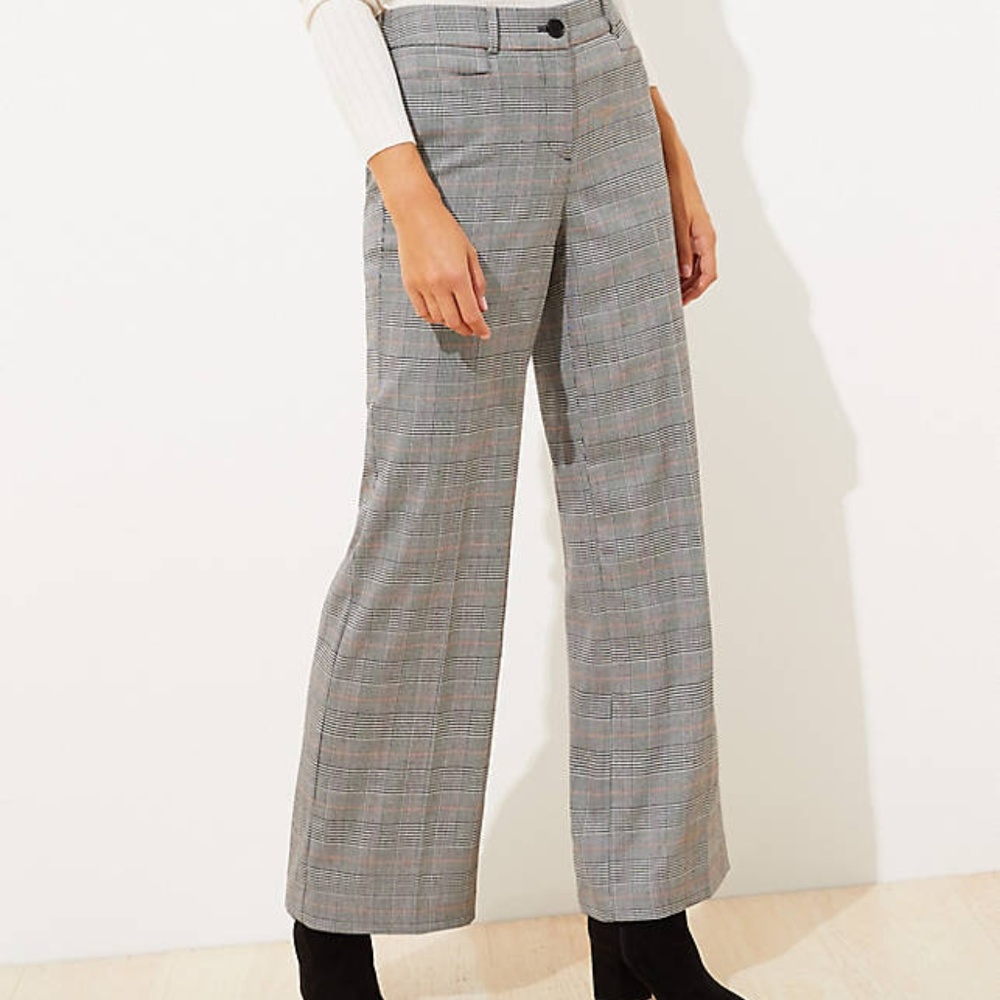 LOFT Women's Tall Plaid High Waist Wide Leg Pants